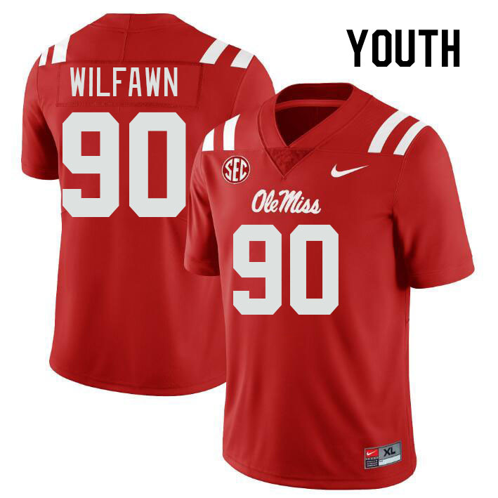 Youth #90 Kortlen Wilfawn Ole Miss Rebels College Football Jerseys Stitched-Red